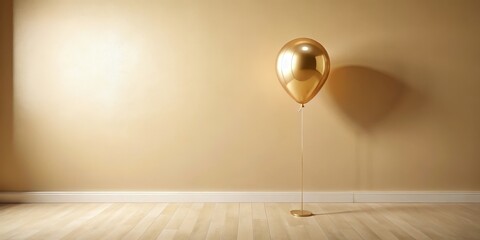 Wall Mural - A single golden balloon floats elegantly in a minimalist room, its reflective surface catching the soft light, creating a serene and sophisticated atmosphere