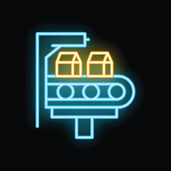 Poster - Neon sign depicting a factory conveyor belt transporting cardboard boxes, symbolizing industrial manufacturing and logistics
