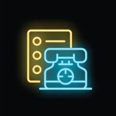 Poster - Bright neon icon of a retro telephone next to a contact list, representing the concept of customer service