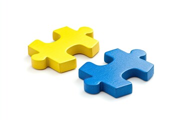 Wall Mural - Photo of yellow and blue puzzle pieces on a white background, depicting a tangent line between them. The concept is classroom education with a focus on intelligence symbolized by geometric shapes