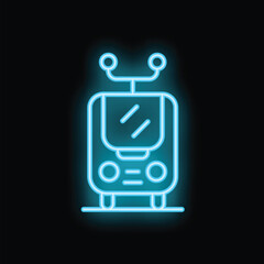 Poster - Blue neon icon of a modern tram driving forward, isolated on a black background