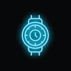 Poster - Blue neon sign of a wrist watch showing time on a black background