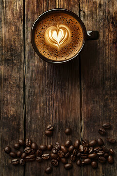 A cup of coffee with latte art on a wooden background, a top-view composition, coffee beans scattered around the table, a coffee texture