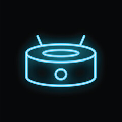 Poster - Blue neon icon of a smart speaker assistant with active listening, glowing on a dark background
