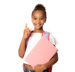 © Danko - Smiling student child girl holding a notebook pointing finger up isolated over transparent background. PNG transparent.