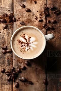 A cup of coffee with latte art on a wooden background, a top-view composition, coffee beans scattered around the table, a coffee texture