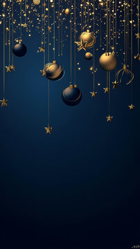 Christmas-themed background with hanging ornaments and stars, featuring navy blue and gold colors, with space for text, in a minimalistic style