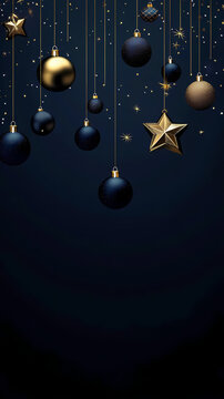 Christmas-themed background with hanging ornaments and stars, featuring navy blue and gold colors, with space for text, in a minimalistic style