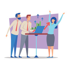 Poster - Group of three professionals in formal attire engaged in discussion at desk. People celebrating successful outcome with positive data displayed on laptop screen