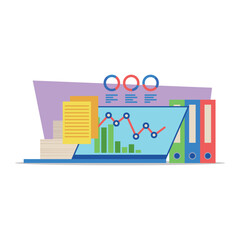 Poster - Laptop displaying graphs and analytics, surrounded by folders and reports. Business performance analysis and planning activities concept
