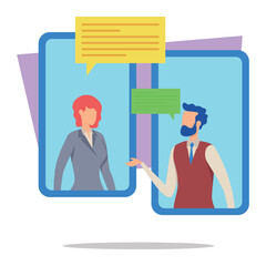 Poster - Two professionals engaged in business discussion via digital platform, exchanging ideas in dynamic exchange. Modern communication through technology concept