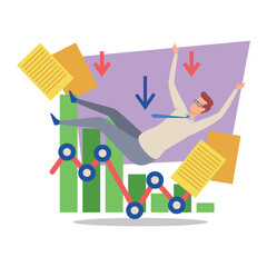 Poster - Business professional feeling overwhelmed as sales trends decline. Graphs with downward arrows and scattered paperwork in challenging environment