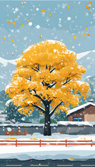 Wall Mural - Snowy Day with a Yellow Tree