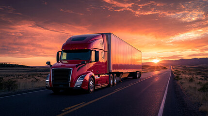 Aufkleber - A vibrant red truck travels along a deserted highway as the sun sets, painting the sky with brilliant hues of orange and purple. Peaceful landscape stretches on both sides