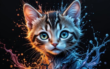  A close-up of a kitten's face with vibrant, detailed eyes against a black background with splashes of water and color.