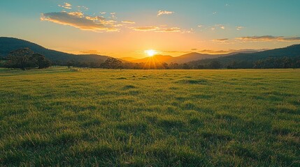 Poster - Dusk settles over a serene countryside, as the sun dips behind distant mountains, casting a warm glow on the swaying grass and inviting stillness to the scene