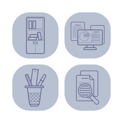 Poster - Set of four icons with essential workplace elements. Cabinet with files, computer with graphs, pen holder, and document with magnifying glass