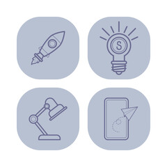 Poster - Collection of four icons representing business themes. Rocket, light bulb, desk lamp, and smartphone. Creativity and innovation concept