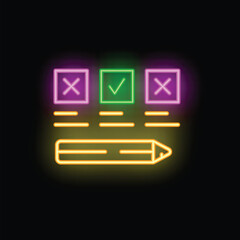 Poster - Neon sign representing an online survey with check marks for multiple choice answers and a pencil for writing comments