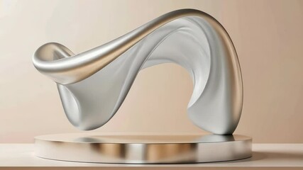 Poster - An empty podium awaits the presentation of a captivating metallic sculpture. The smooth, flowing design is accentuated by an elegant background, creating a visually striking display