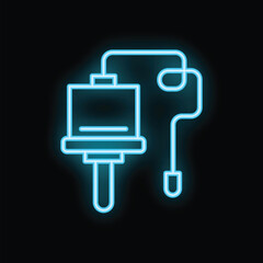 Wall Mural - Bright blue neon sign showing a computer connected to a mouse, symbolizing computer hardware, on a black background