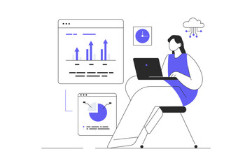 Poster - Virtual finance. Online paying, financial transactions, accounting research. Woman analysis of statistics and graphs. Flat Cartoon Vector Illustration, icon. Stylish abstract 