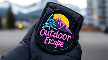 close up of embroidered outdoor escape patch on black jacket with mountain sunset background