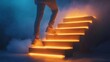 © DuannyStock - person ascending glowing stairs surrounded by mist, symbolizing progress and ambition. warm light contrasts with cool mist, creating surreal atmosphere
