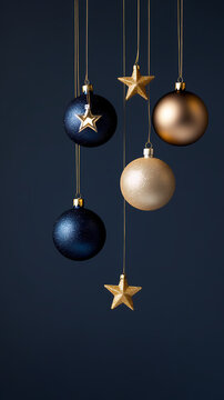 Christmas-themed background with hanging ornaments and stars, featuring navy blue and gold colors, with space for text, in a minimalistic style