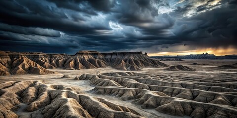 Sticker - Dramatic Desert Landscape Under a Stormy Sky  Eroded Hills and a Breathtaking Sunset