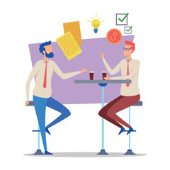 Poster - Two colleagues engaged in conversation at contemporary workspace. Men discussing ideas, strategies, and financial matters while enjoying beverages