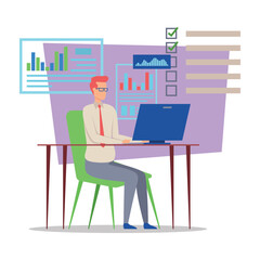 Poster - Business professional sitting at desk with laptop, analyzing data and preparing reports. Colorful graphs and checklists on background. Productivity concept