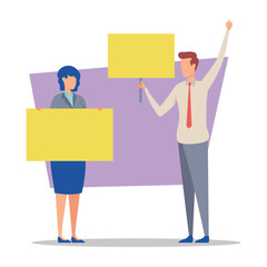 Poster - Two business professionals actively participating in discussion. Woman holding yellow sign while man raising hand, possibly expressing opinion or idea.