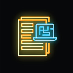 Poster - Neon icon of a laptop displaying data analysis results with documents, symbolizing data driven decision making