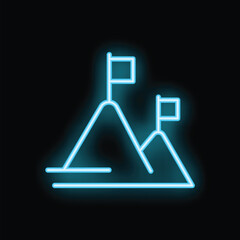 Poster - Blue neon icon of mountains with flags representing achieving business goals