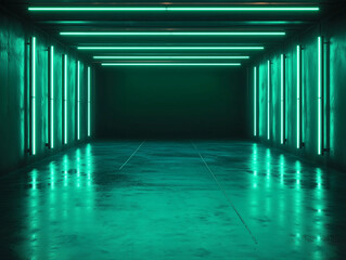 Poster - an empty dark room with green fluorescent neon lights creates a stage-like atmosphere, perfect for a