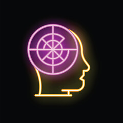 Poster - neon sign of profile view of human head with target inside symbolizing focused mindset