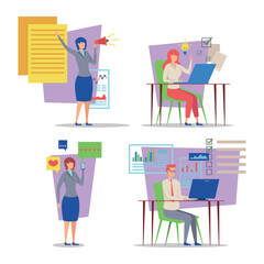 Poster - Four characters engaged in various business activities, showcasing teamwork and productivity in contemporary office environment