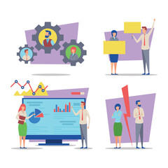 Poster - Collection of illustrations with professionals engaged in business activities such as collaboration, data analysis, and presentations. Teamwork concept