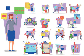 Poster - Collection of various business activities with employees engaged in communication, teamwork, data analysis, and problem-solving