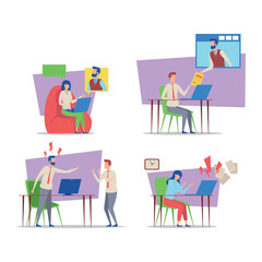 Poster - Collection of illustrations with various business activities in modern office environment. People engaged with technology, communication, and managing tasks throughout the day