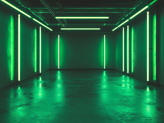 Poster - an empty dark room with green fluorescent neon lights creates a stage-like atmosphere, perfect for a