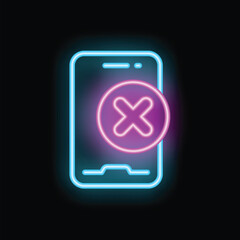 Poster - Neon smartphone showing a cross sign on black background, concept of smartphone addiction or digital detox