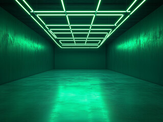 Poster - an empty dark room with green fluorescent neon lights creates a stage-like atmosphere, perfect for a