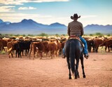 Horse riding cowboy in Arizona type of landscape driving cattle herd. AI generated image.