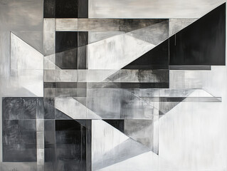 Fototapete - Abstract geometric painting in shades of gray and black, featuring intersecting lines and planes creating a sense of depth and architectural form.