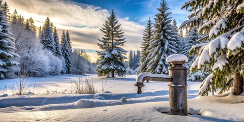 Sticker - A frosty winter scene featuring a weathered water pump nestled amidst snow-laden evergreens bathed in the soft glow of sunrise