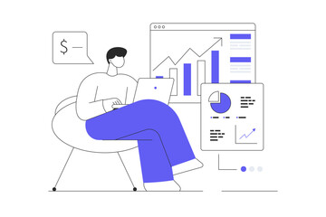 Poster - Virtual finance. Man working with data charts and calculating money, making market research. Flat Cartoon Vector Illustration, icon. Stylish abstract 