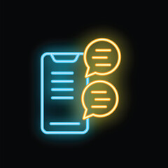 Poster - Bright neon icon of a smartphone showing online messaging with speech bubbles on black background