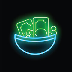 Poster - Neon sign depicting a bowl overflowing with cash, symbolizing prosperity and abundance